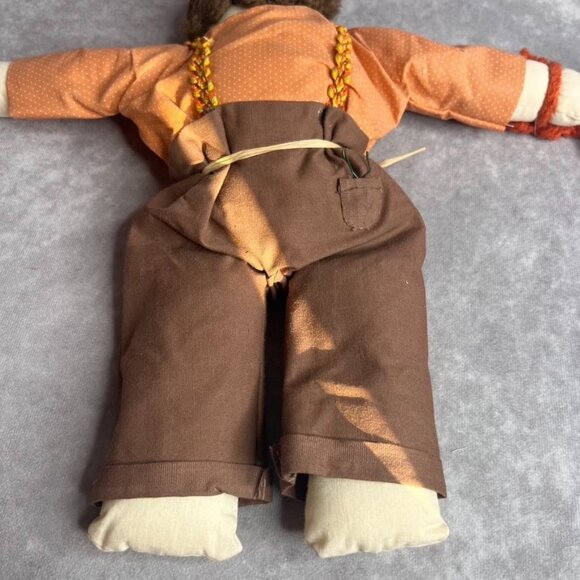 VTG Handmade Rag Doll Orange Dot Shirt Suspenders Toy Slingshot in Rear Pocket - Picture 9 of 9